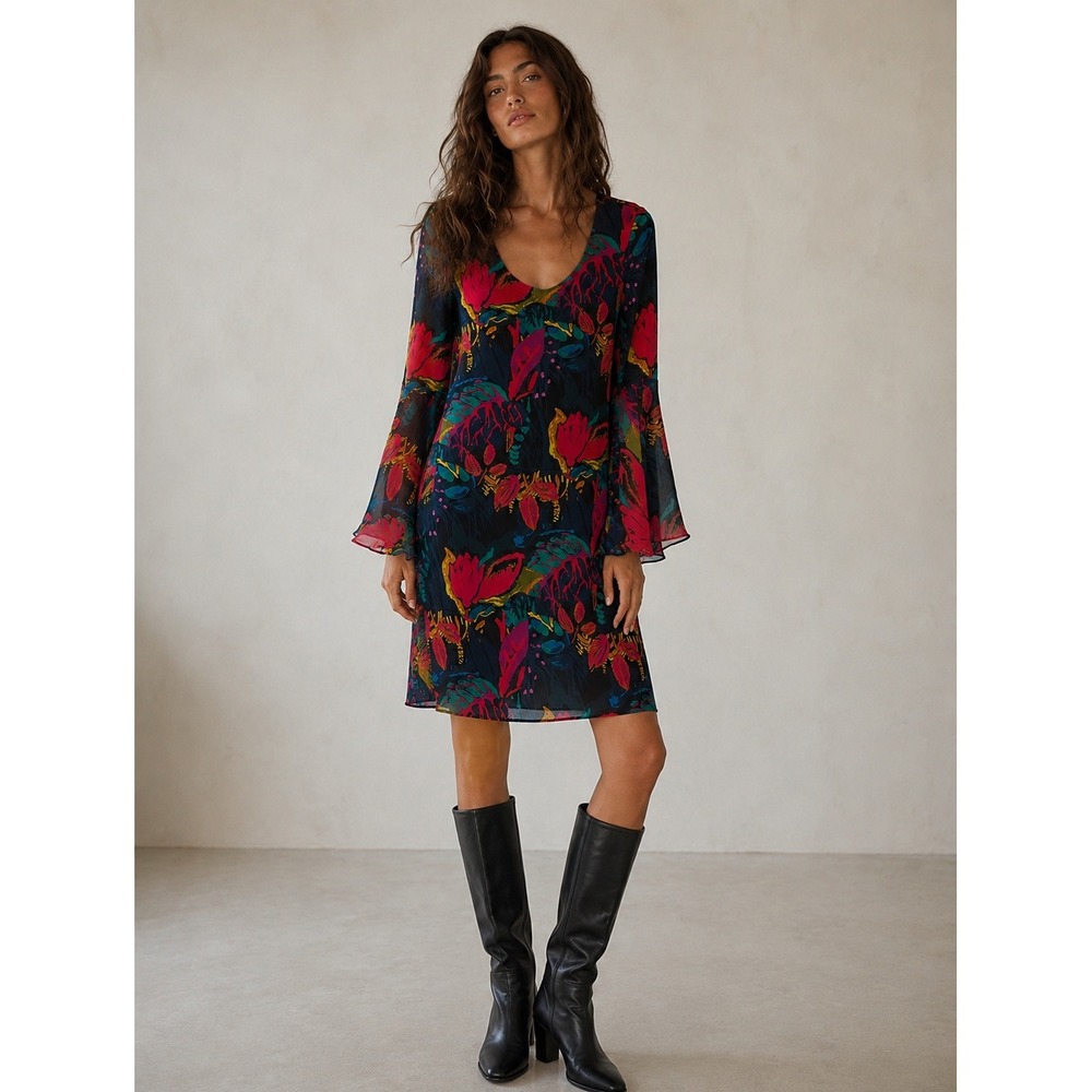 Prelude Floral Scoop Neck Mini Dress Sheer Bell Sleeve Multicolor Size L